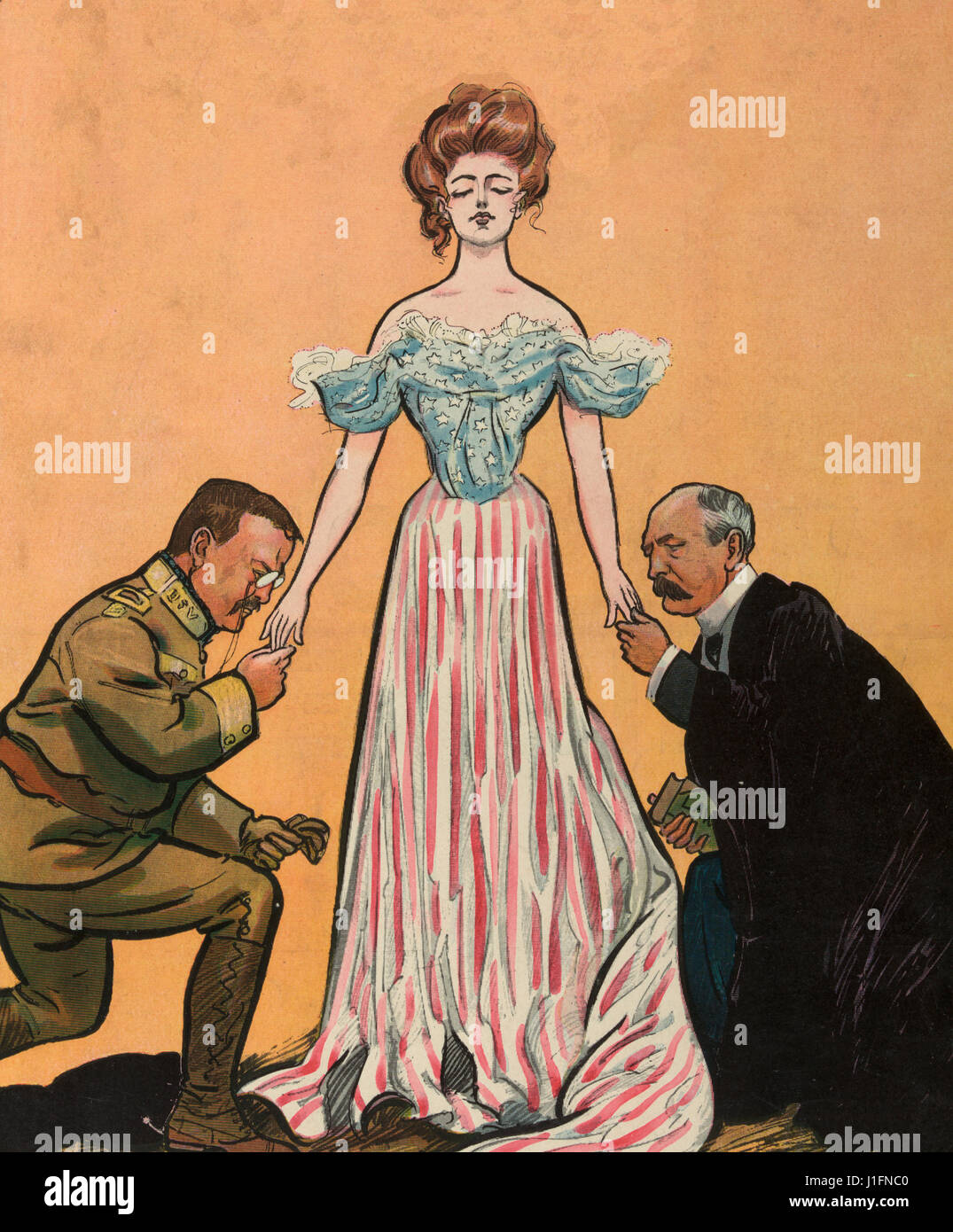 Campaign number -  Illustration shows Columbia standing between President Theodore Roosevelt and Alton B. Parker, each kneeling on one knee, about to kiss her hands. Political Cartoon, 1904 Stock Photo