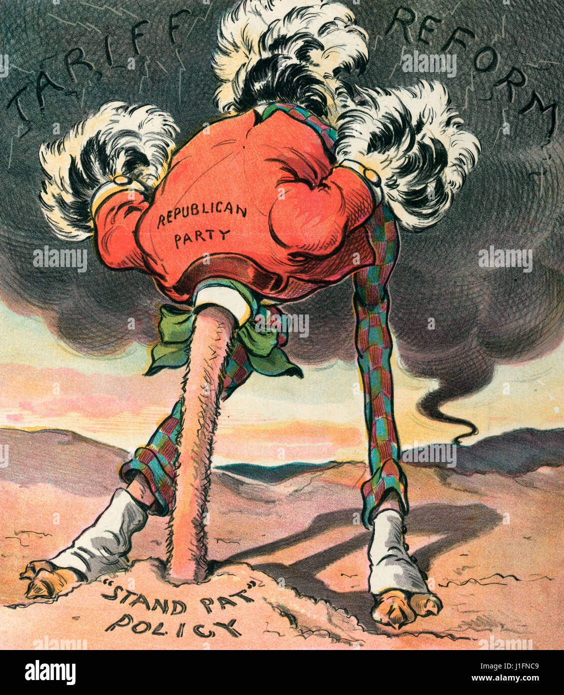 Protection -  Illustration shows an ostrich labeled 'Republican Party' with its head stuck in a hole labeled ''Stand Pat' Policy' as a tornado advances from behind with dark clouds labeled 'Tariff Reform'. Political Cartoon, 1904 Stock Photo