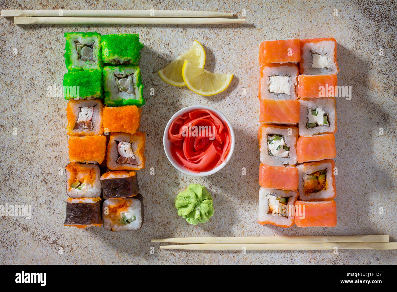 Sushi seth roll - Roll Green mile, Mr.Krabs, Okinawa, Philadelphia classic, roll Cheese salmon and Jamaica. Stock Photo