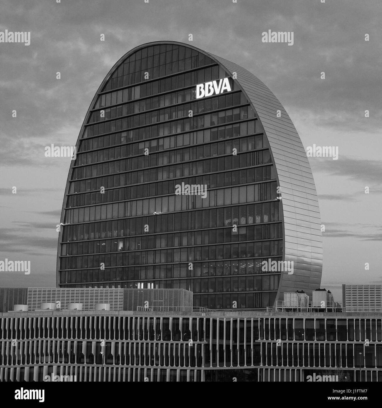 Building La Vela in Madrid. Seat of the bank BBVA, is 93 meters high, 19 floors and an irregular elliptical tower was designed by Swiss architecture firm Herzog & De Meuron, winner of the Pritzker Prize  Featuring: Atmosphere Where: Madrid, Spain When: 20 Mar 2017 Credit: Oscar Gonzalez/WENN.com Stock Photo