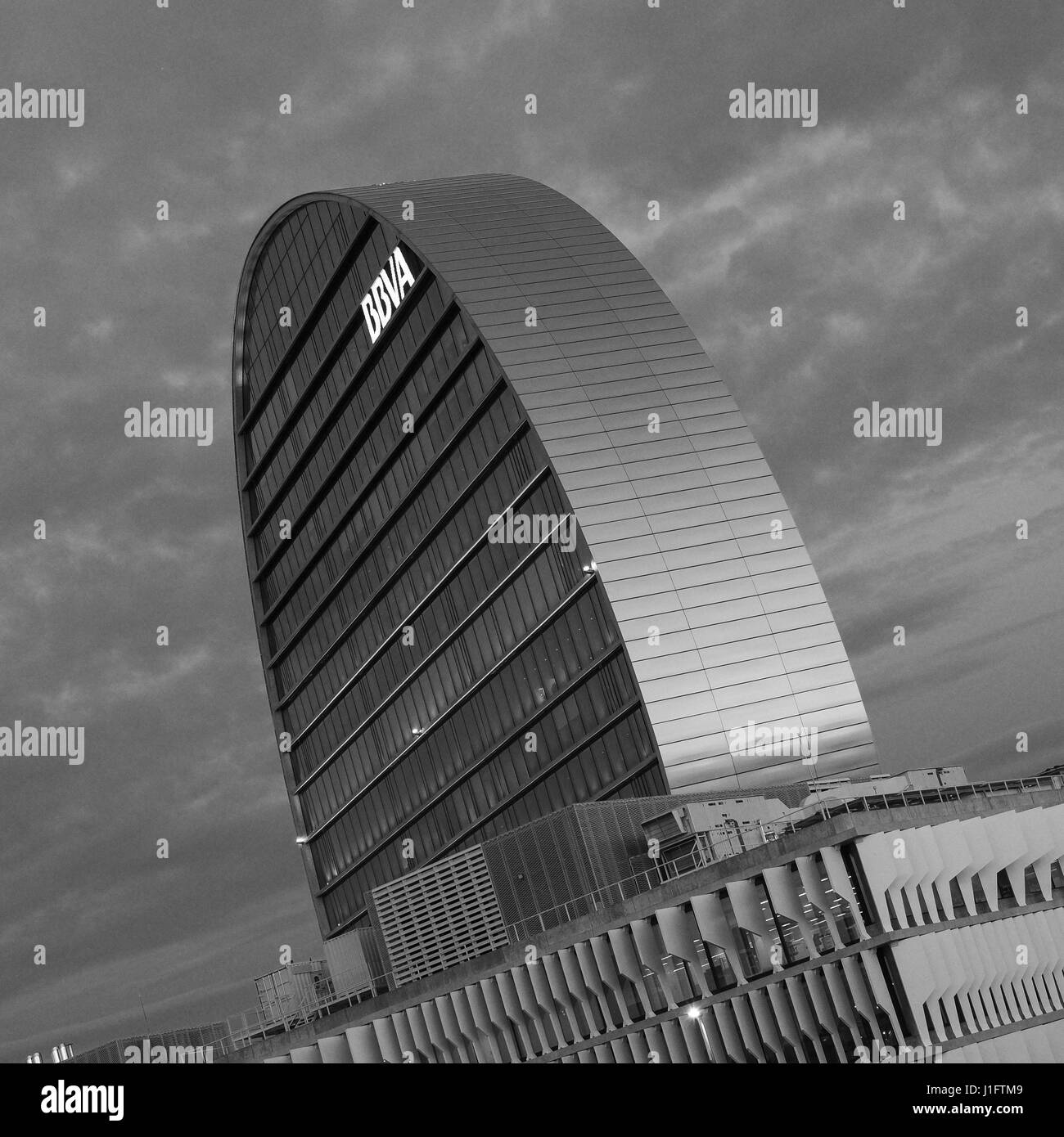 Building La Vela in Madrid. Seat of the bank BBVA, is 93 meters high, 19 floors and an irregular elliptical tower was designed by Swiss architecture firm Herzog & De Meuron, winner of the Pritzker Prize  Featuring: Atmosphere Where: Madrid, Spain When: 20 Mar 2017 Credit: Oscar Gonzalez/WENN.com Stock Photo