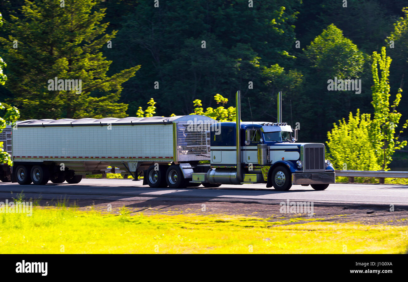 Large stylish semi truck with chrome accents in the sun carries two ...