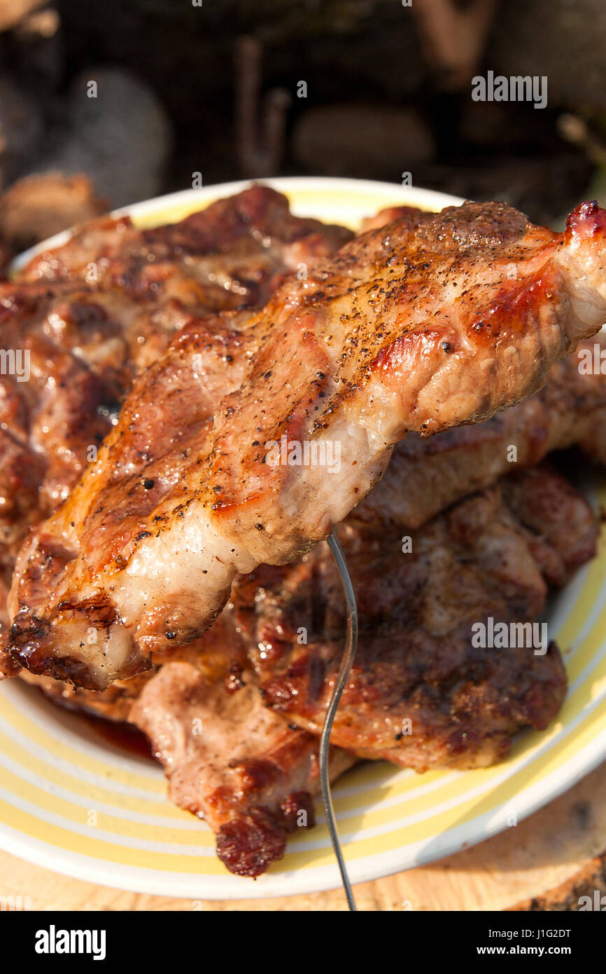 Meat Single Cooked Close up view of juicy slice of meat on fork cooked on an open flame ...