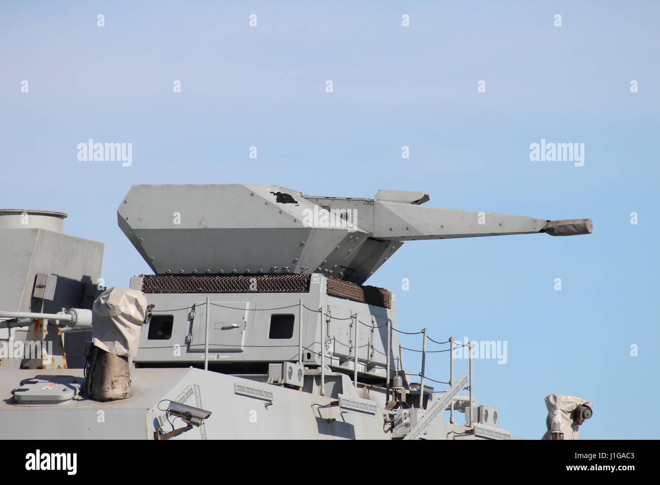 The close-in weapon system on the Royal Danish Navy's KDM Absalon (L16), a Rheinmetall Oerlikon Millennium Gun, or Rheinmetall GDM-008. Stock Photo