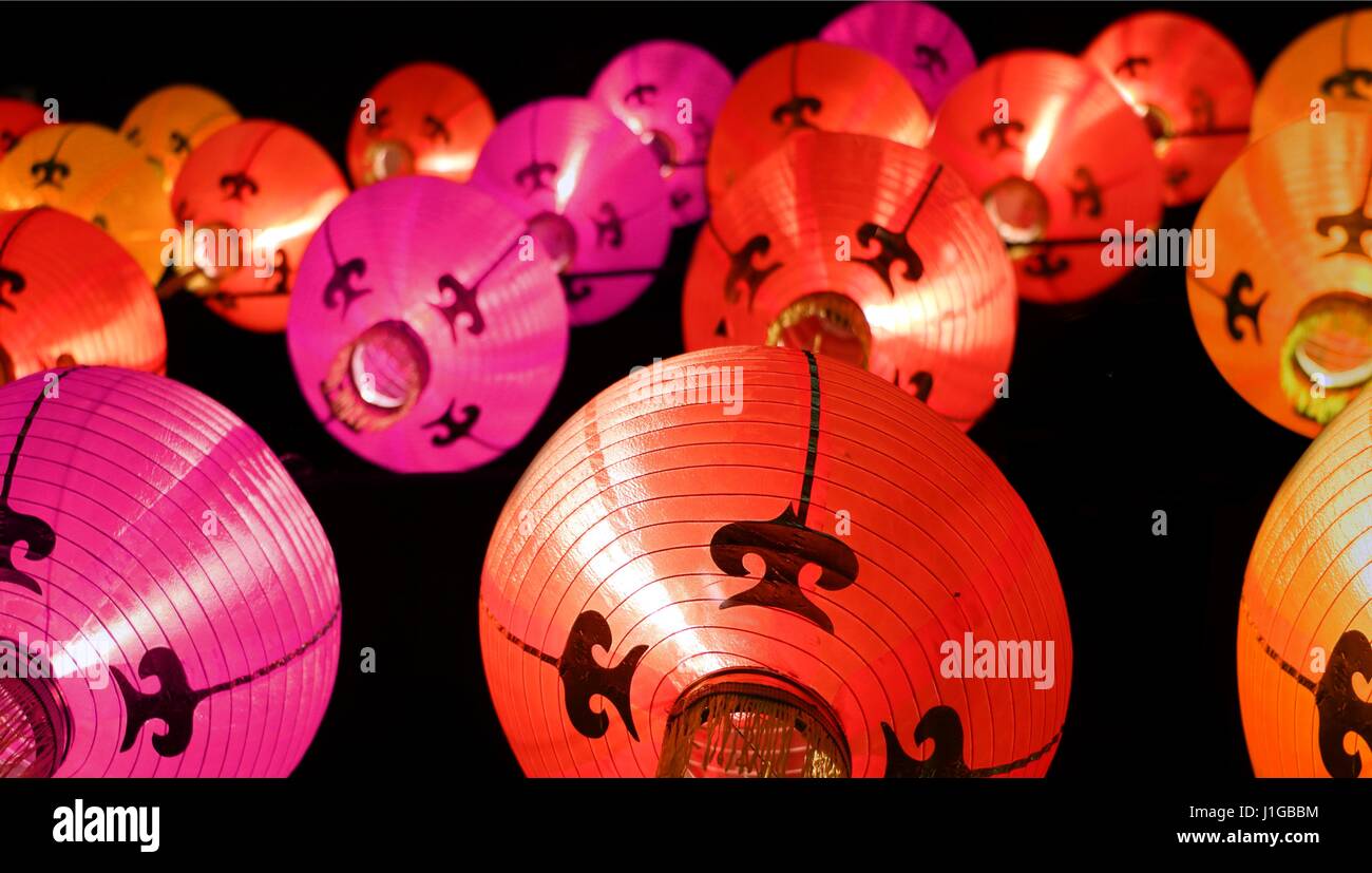 Colorful lanterns at night - Chinese New Year decorations Stock Photo ...