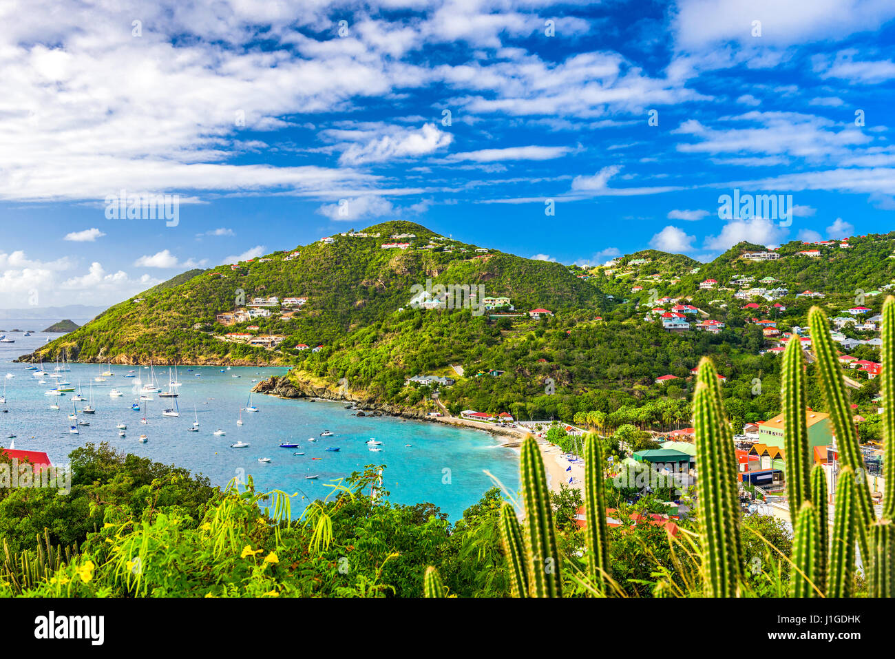 Saint Barthelemy skyline and harbor in the West Indies of the Caribbean. Stock Photo