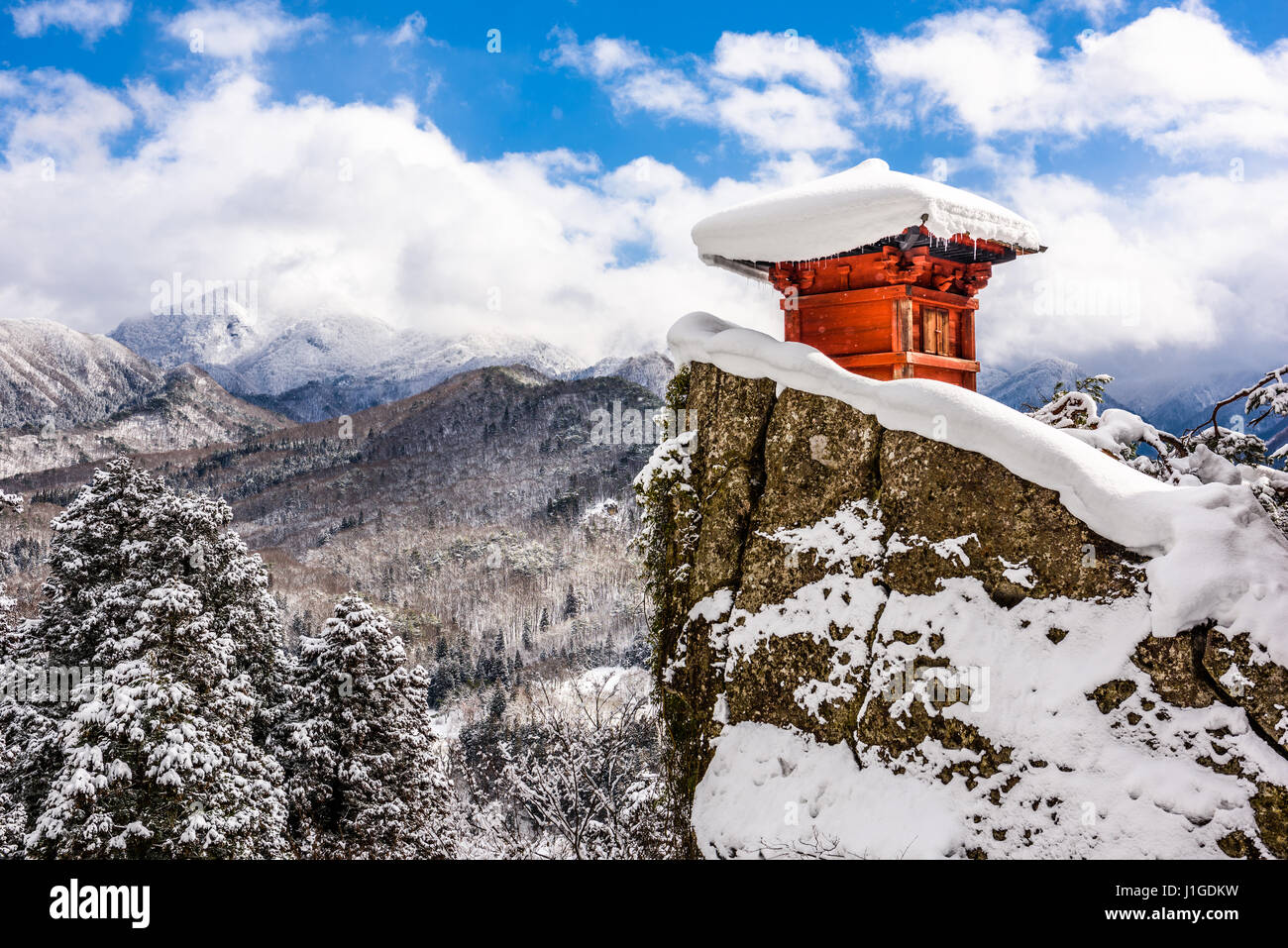 Yamadera, Japan at the Mountain Temple in winter. Stock Photo