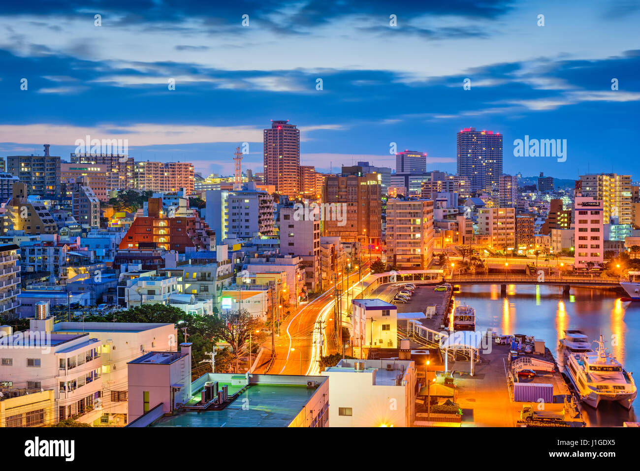 Naha, Okinawa, Japan downtown skyline at night. Stock Photo