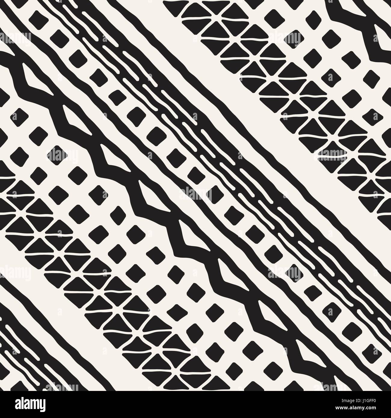 Black and white tribal vector seamless pattern with doodle elements. Aztec abstract geometric art print. Ethnic ornamental hand drawn backdrop. Stock Vector