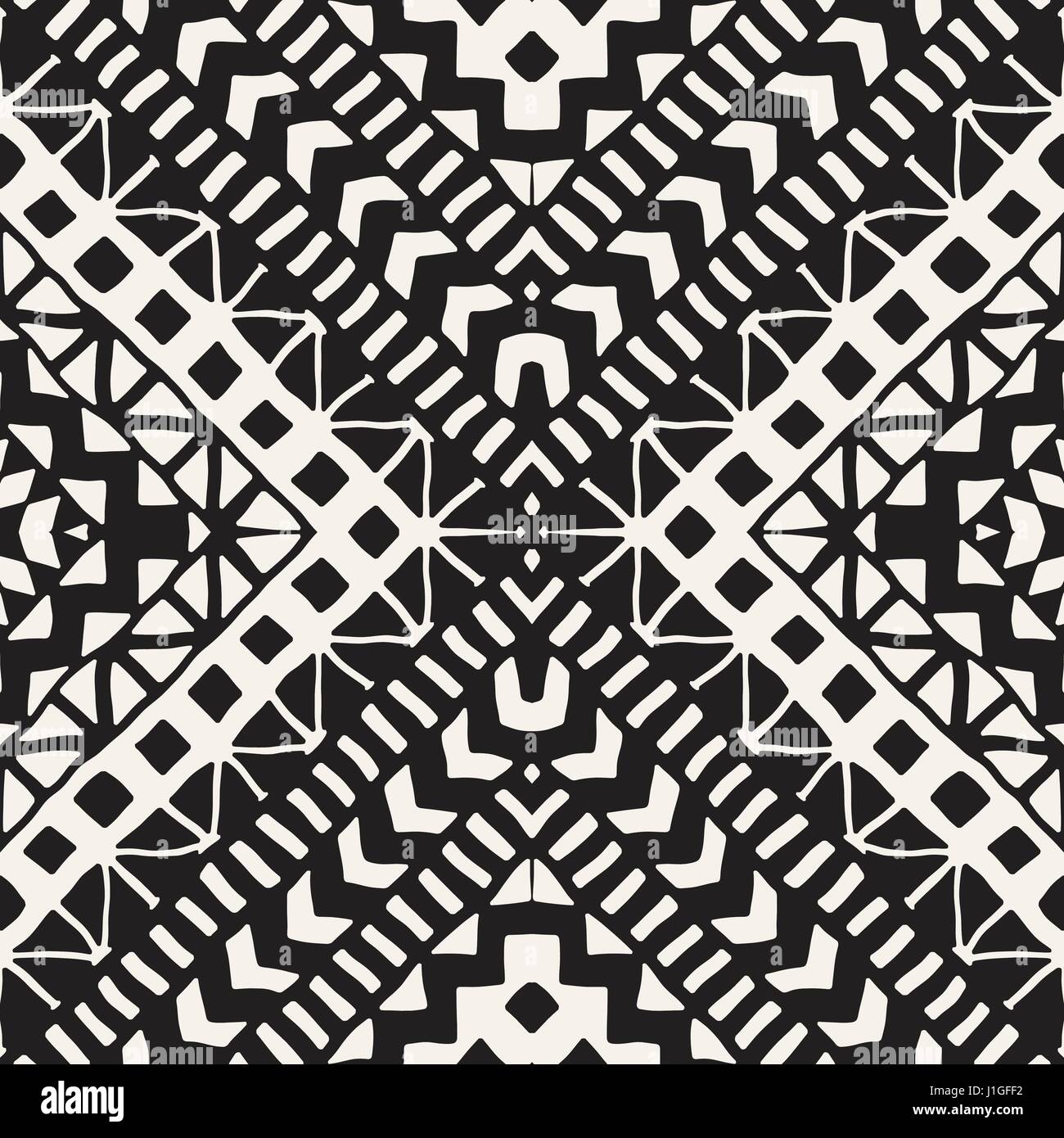 Black and white tribal vector seamless pattern with doodle elements ...