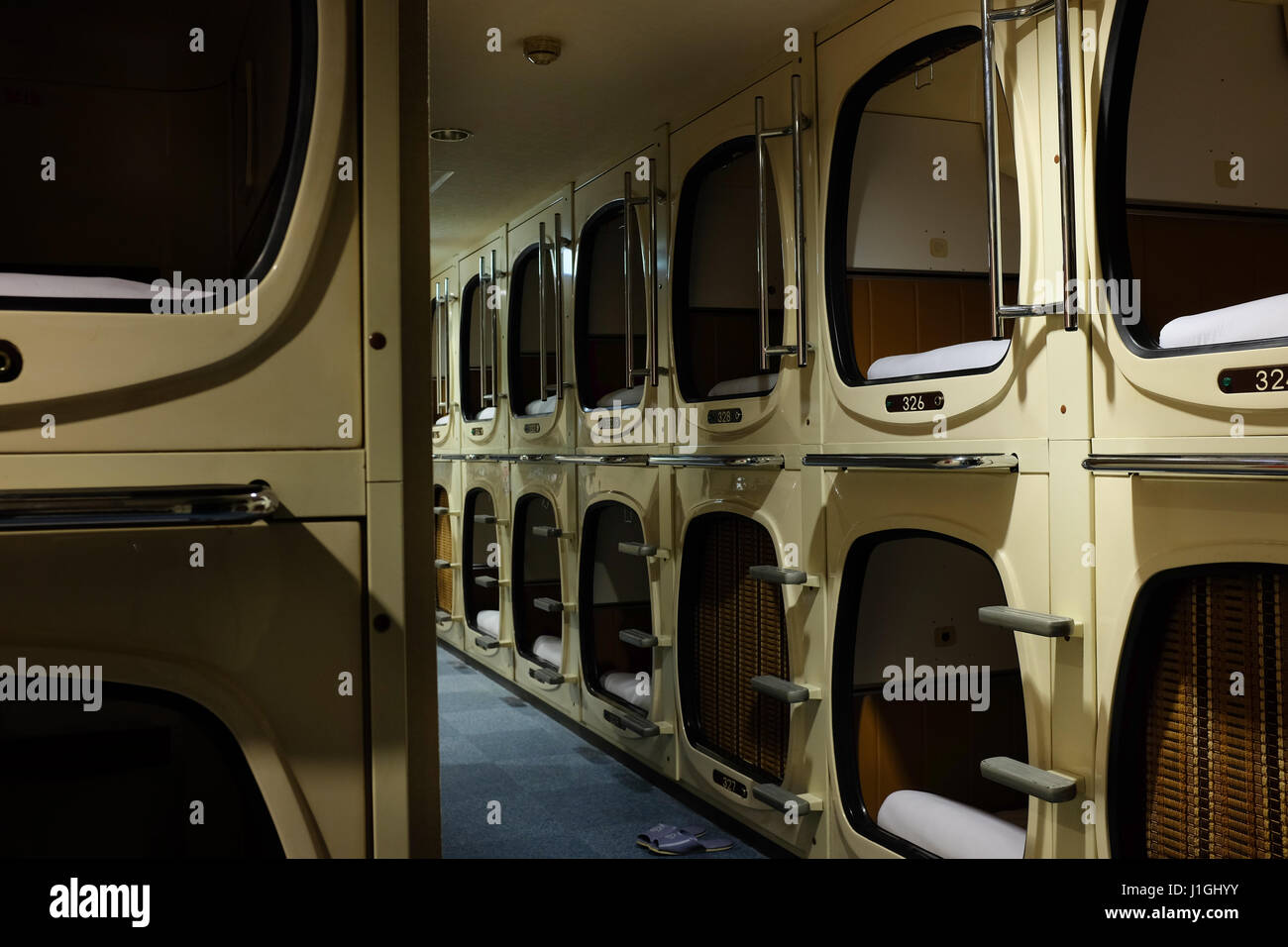 A capsule hotel in Tokyo, Japan. Stock Photo