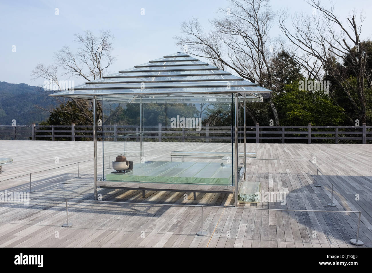 The Kouan Glass Teahouse on the wooden observation deck of Seiryuden