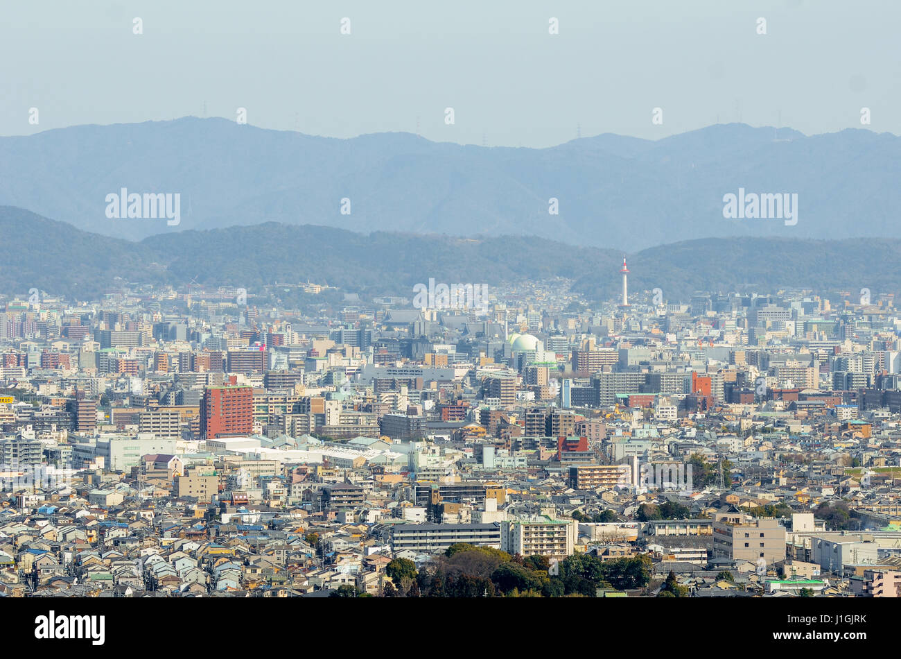 A view of the city of Kyoto in Japan, with Kyoto Tower viewable towards the top right of the image. Stock Photo