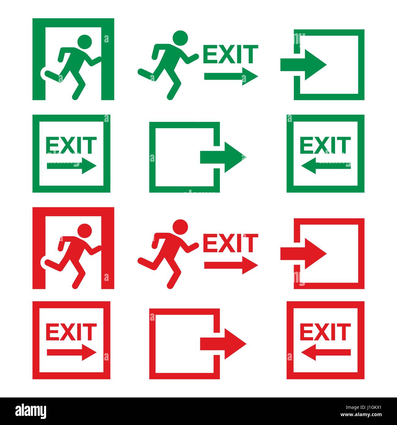 Emergency exit sign, warning icons vector set in green and red Stock