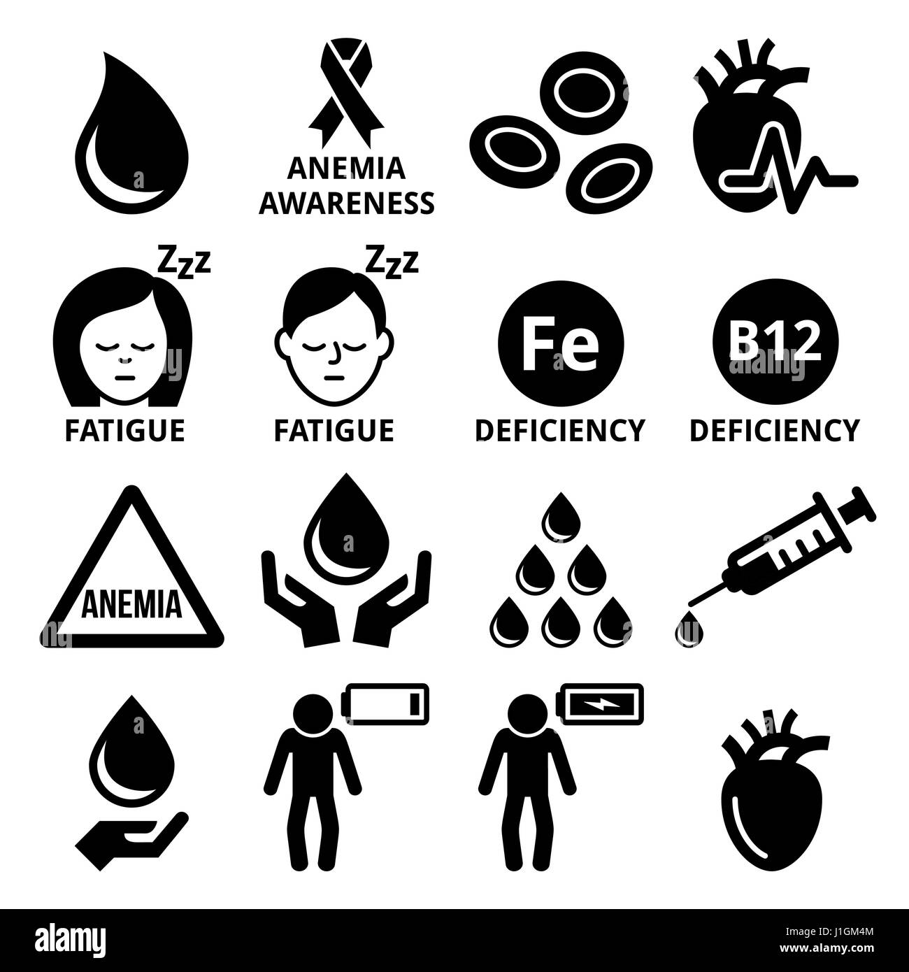 Blood, anemia, human health icons set Stock Vector