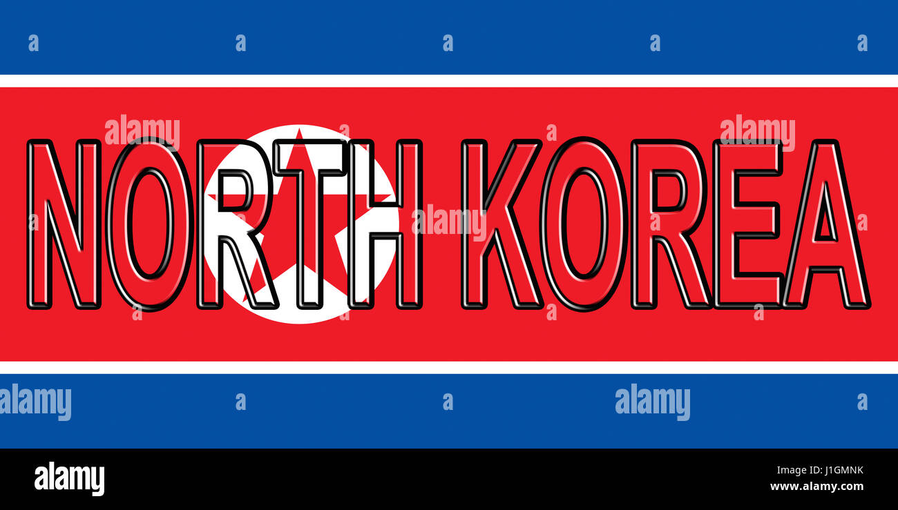 Illustration of the flag of North Korea with the country written on the flag. Stock Photo