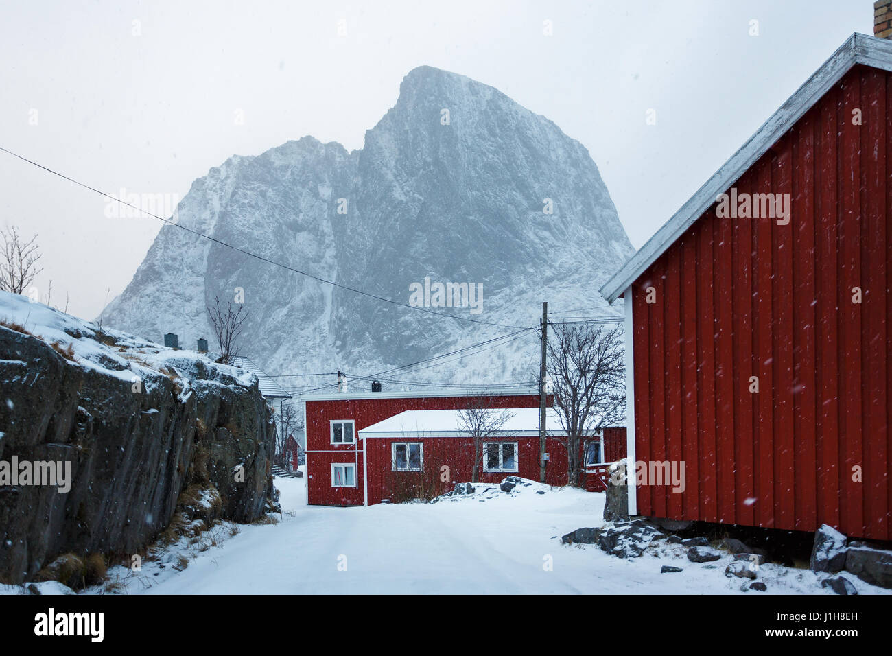 Red Cabins In Hamnoy Village In Lofoten Islands Winter Time Stock