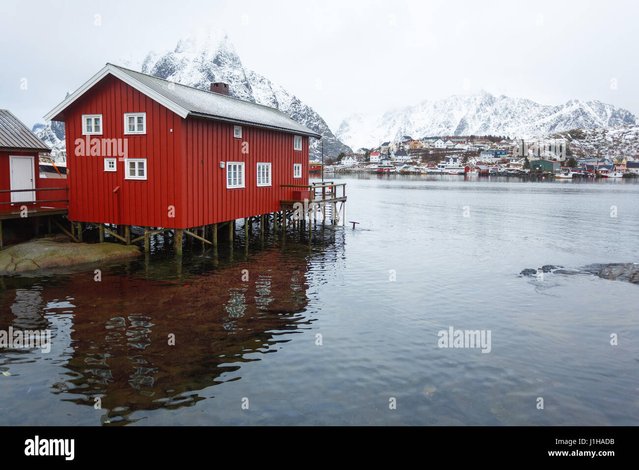 Red house in a bay of the fishing village of Reine in the Lofoten