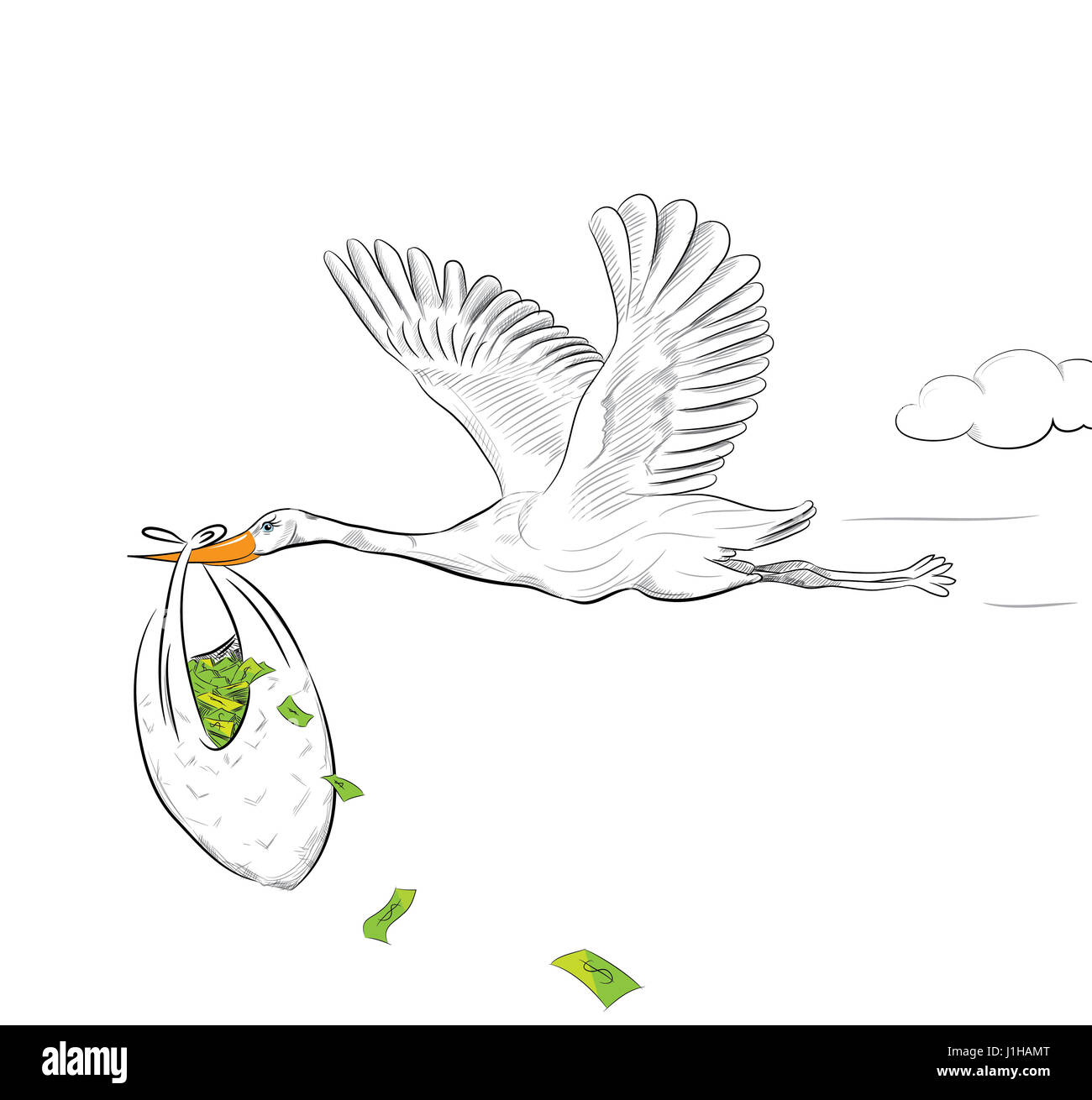 Stork Flying With Money Stock Photo