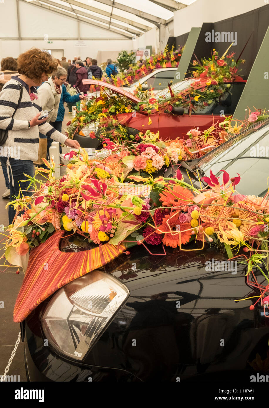 Floral art exhibits displayed on car at Harrogate Flower Show