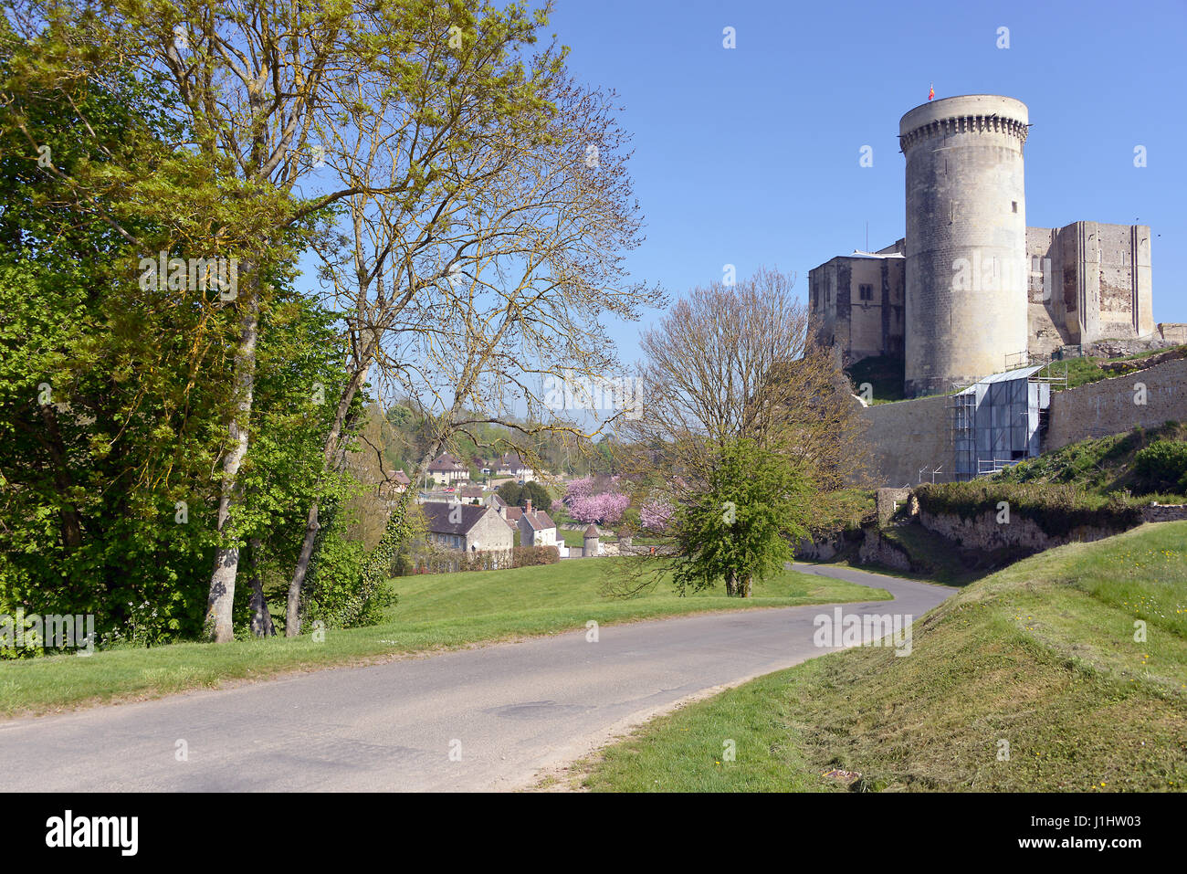 Castle of William the Conqueror of Falaise seen from the road, a commune in the Calvados department in the Basse-Normandie region in France Stock Photo