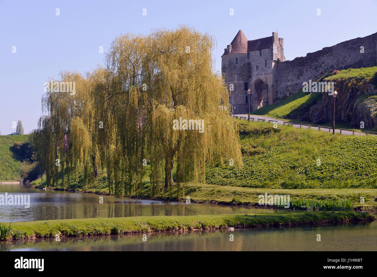 Castle of William the Conqueror and pond of Falaise, a commune in the Calvados department in the Basse-Normandie region in northwestern France Stock Photo