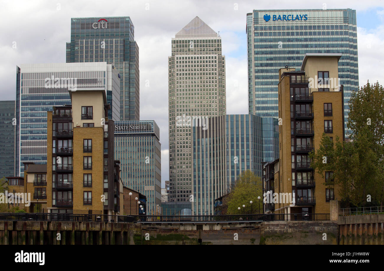 General View GV of Canary Wharf, a major business district located in E14, Tower Hamlets, East