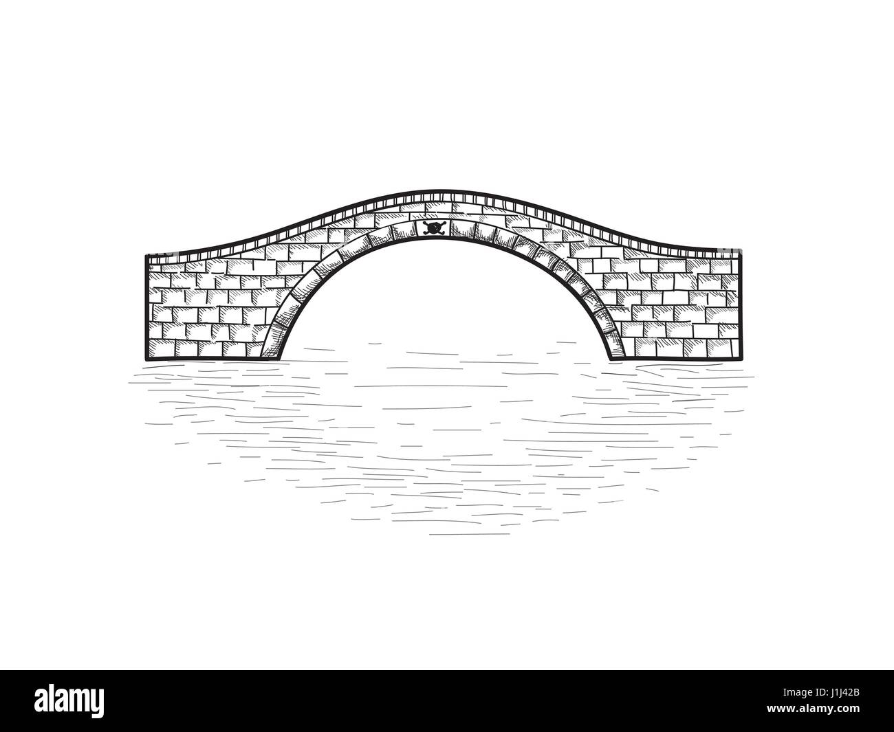 Small stone bridge isolated. Engraving retro illustration. Doodle line art Stock Vector