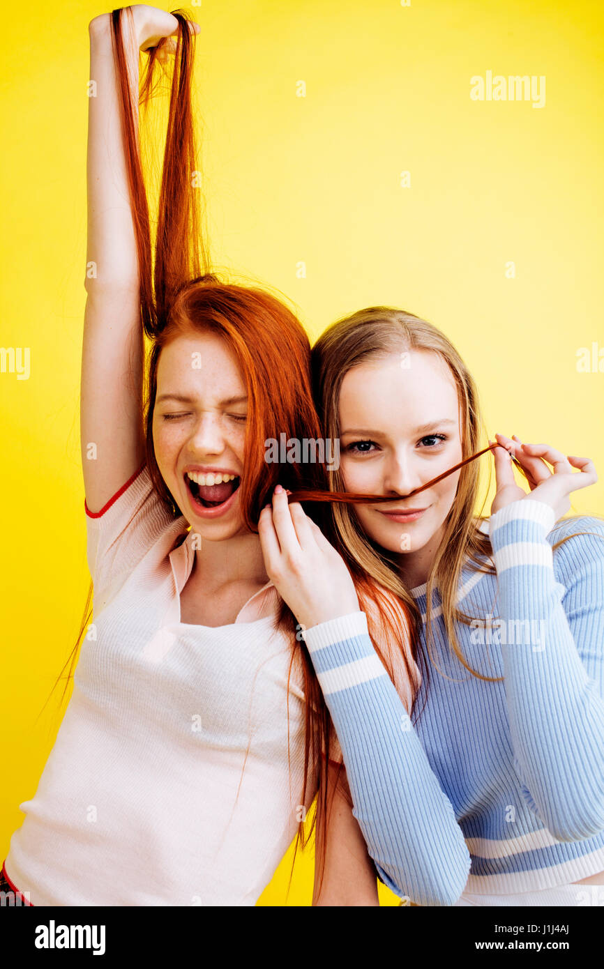 Lifestyle People Concept Two Pretty Young School Teenage Girls Having Fun Happy Smiling On 
