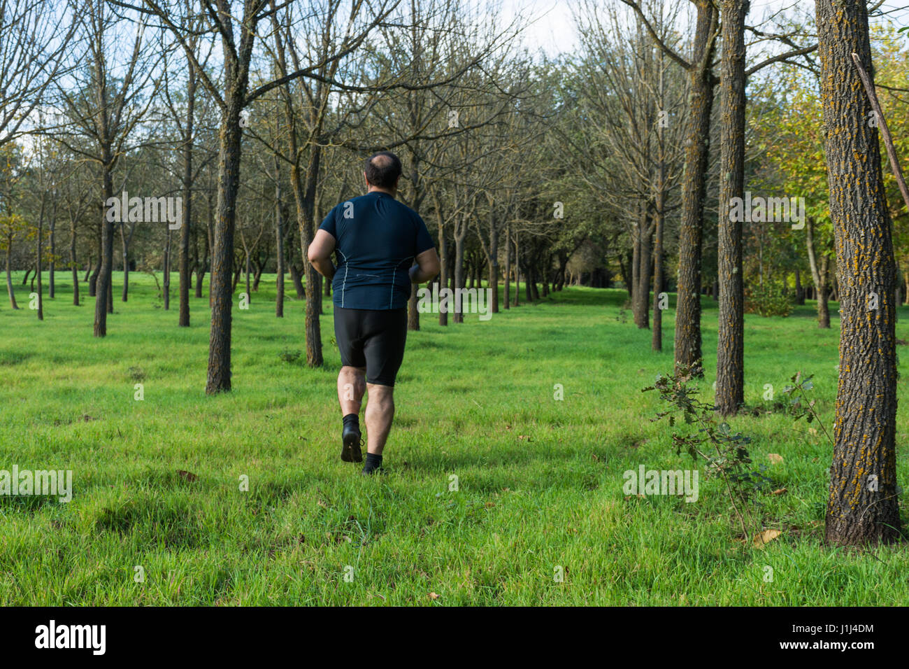 Big belly man jogging , exercising, doing cardio in the park , slightly