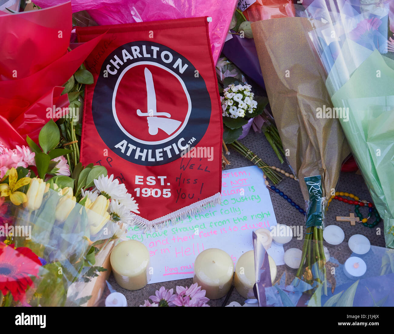 Charlton Athletic flag, the football club was supported by PC Keith Palmer the policeman murdered in the Westminster terrorist attack, London, England Stock Photo