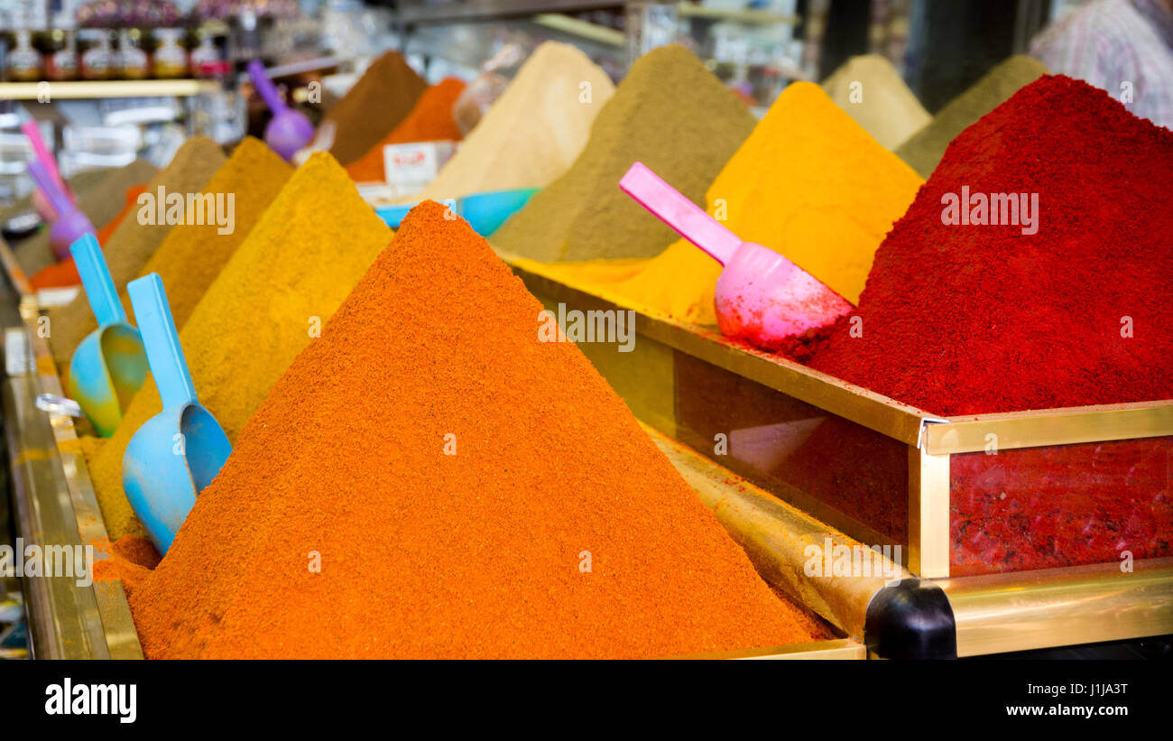 Various spices in a traditional Moroccan shop in the souk (market) of