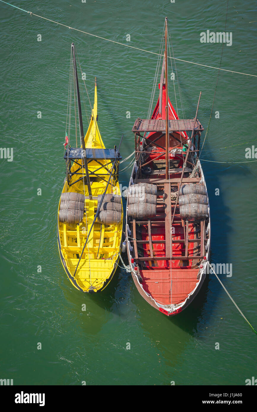 Rabelo boat Porto, view of colourful traditional rabelo boats moored along the Douro waterfront in Porto, Europe. Stock Photo