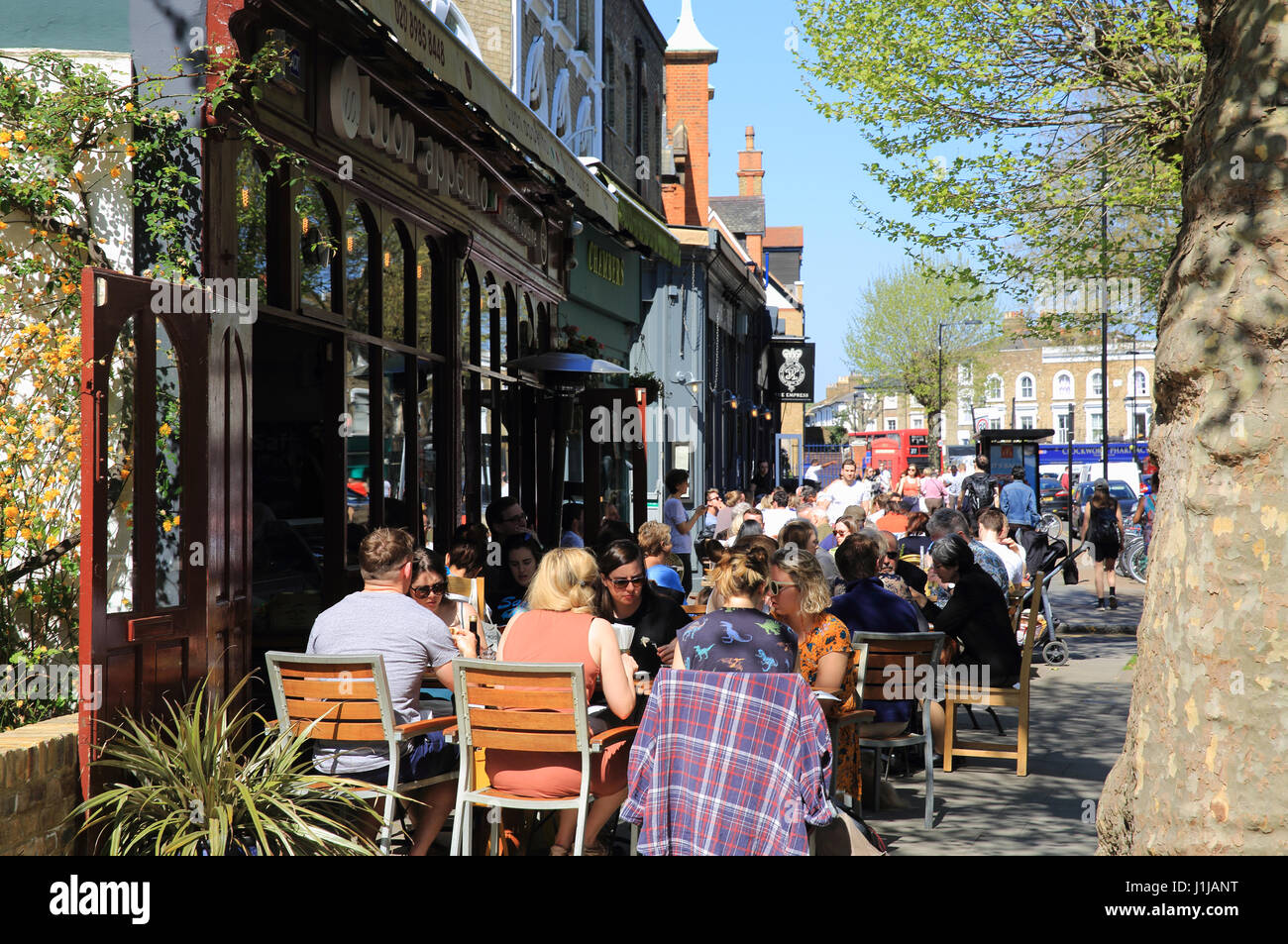 Bars and restaurants on Lauriston Road in Victoria Park Village, in east London, E9, in the UK Stock Photo