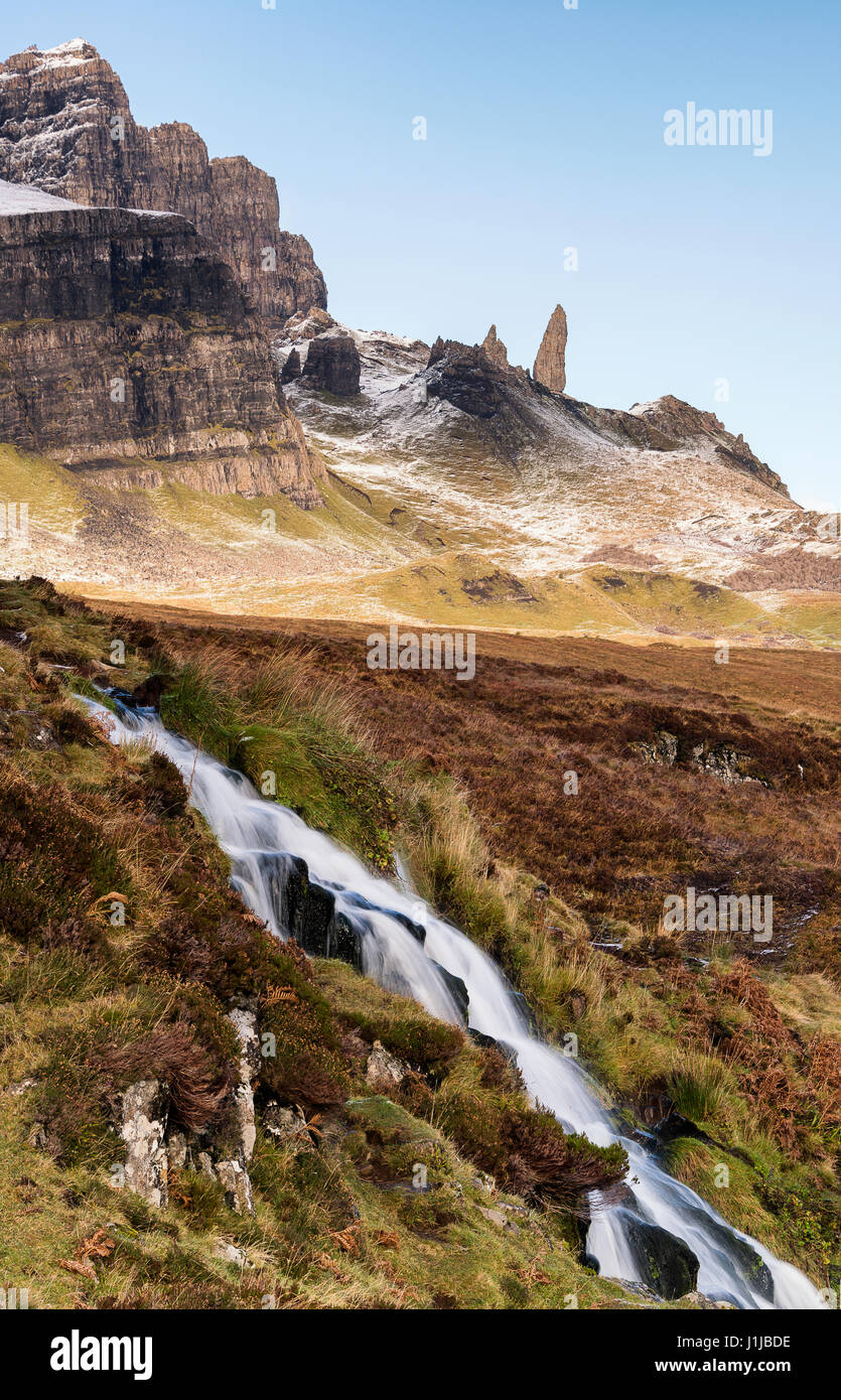 Snow covered Old Man of Storr with Loch leathan cascading down in the foreground, Isle of Skye, Highlands, Scotland Stock Photo