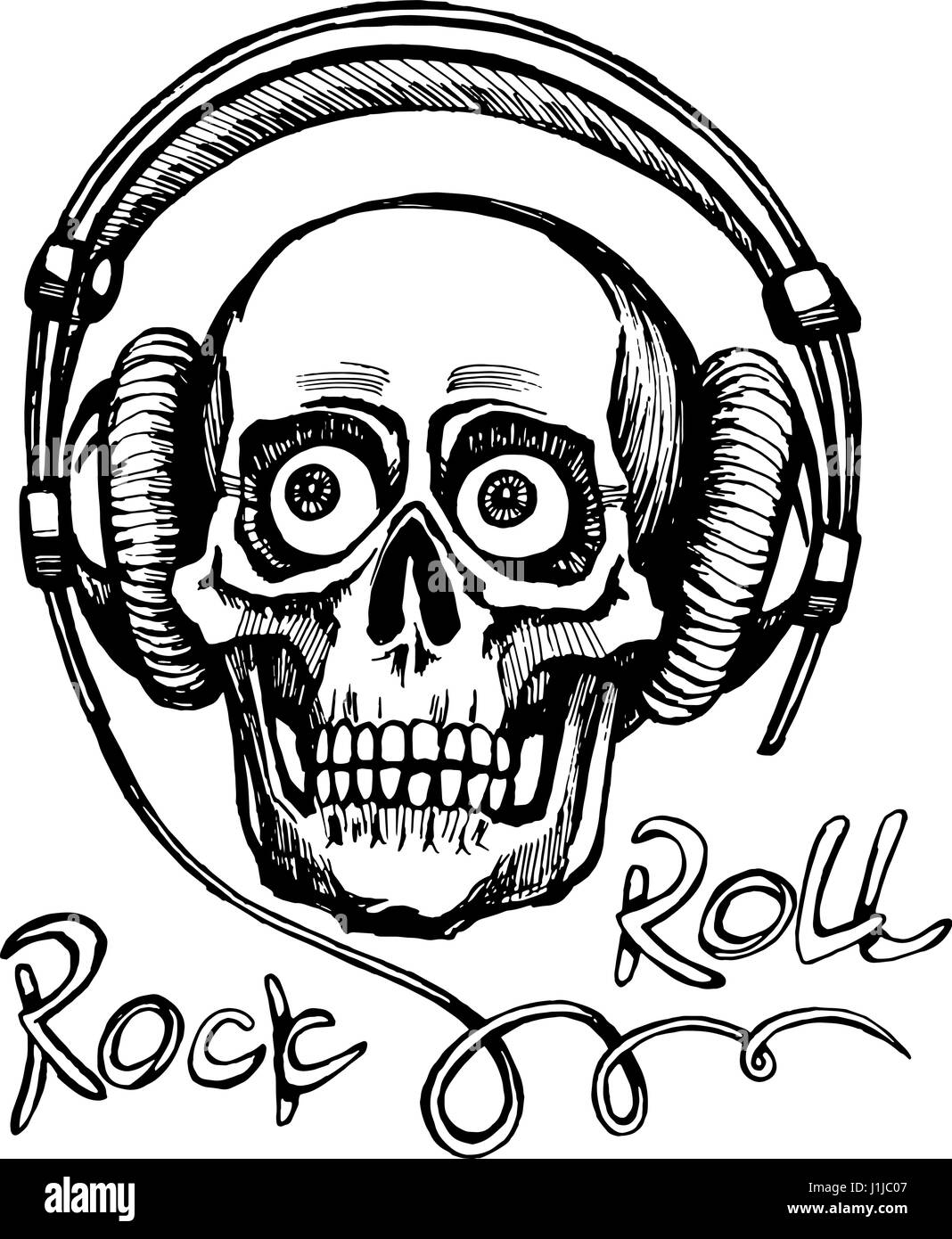 Hand drawn sketchy skull with headphones Stock Vector