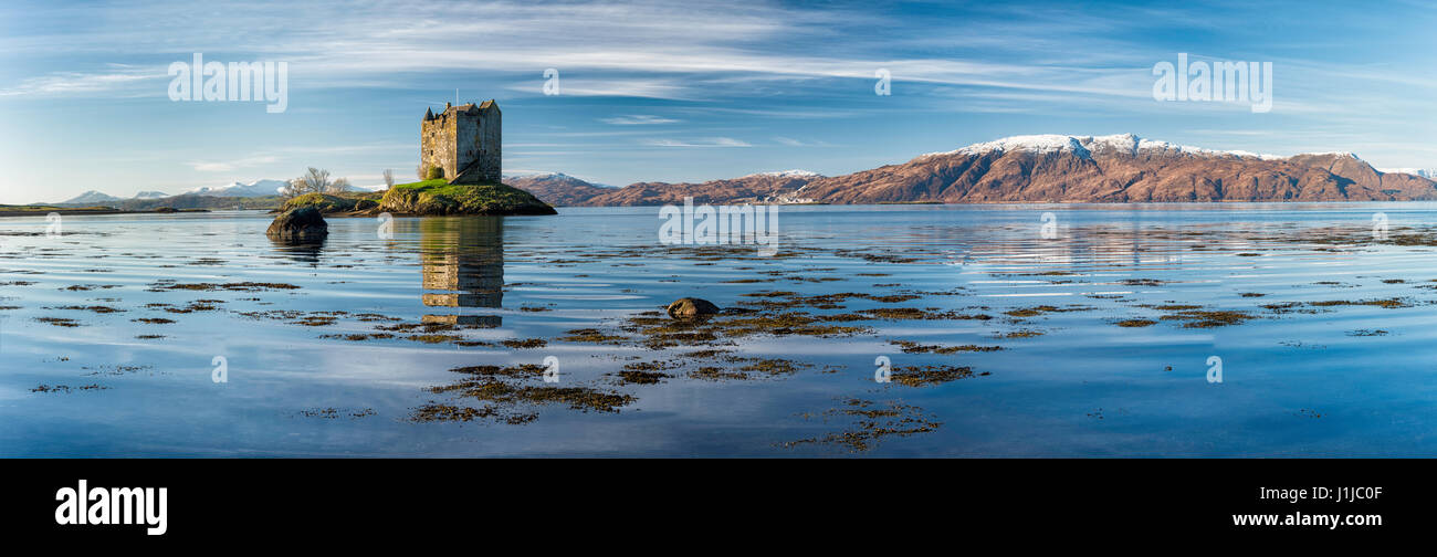 Panorama of Castle Stalker in Loch Linnhe, Highlands, Glencoe, Scotland Stock Photo
