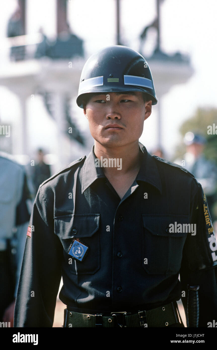 South Korean soldier at Panmunjom, during South and North Korean talks ...