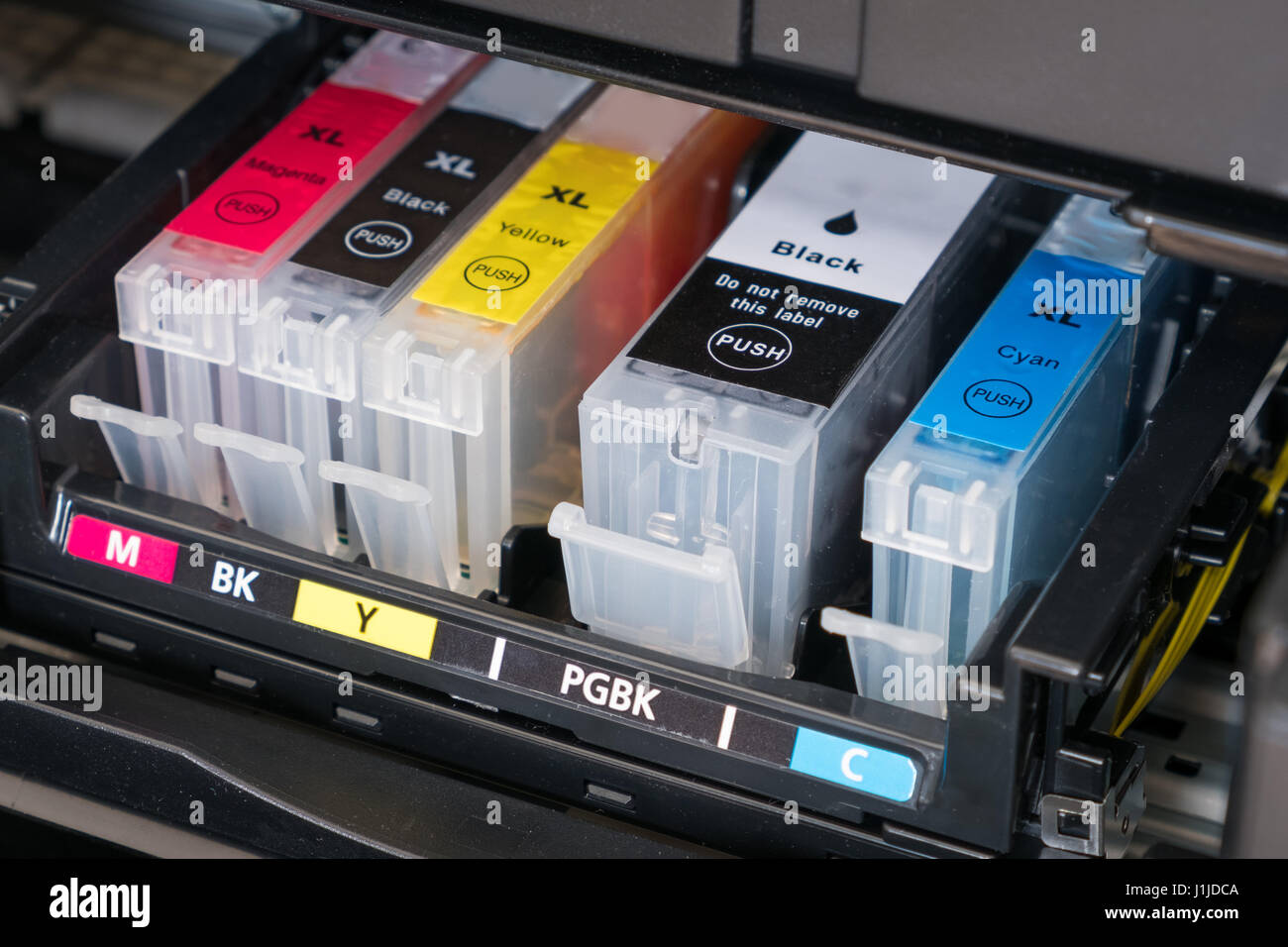 ink cartridges inside printer - open ink printer Stock Photo