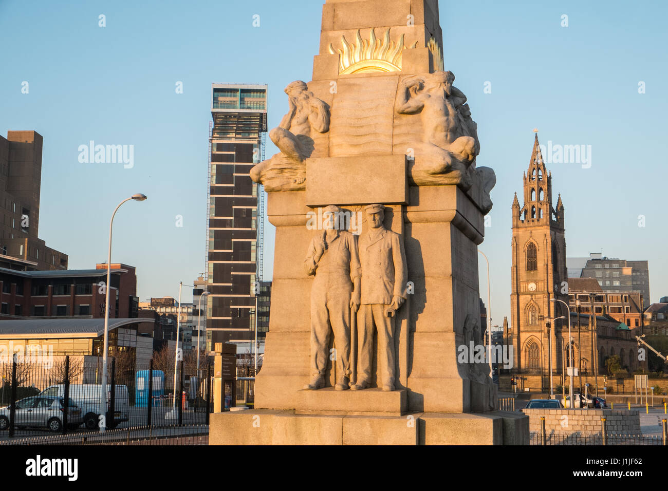 Memorial, to,Titanic, crew,sunset,Pier Head,Liverpool,Merseyside,England,UNESCO,World Heritage City,City,Northern,North,England,English,UK.,U.K., Stock Photo