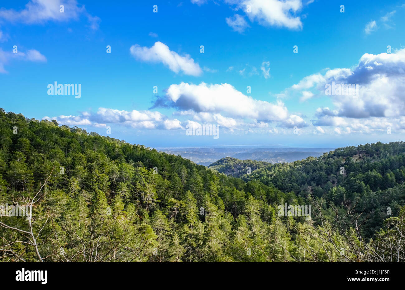Troodos mountain top view in springtime, with beautiful sky. Stock Photo