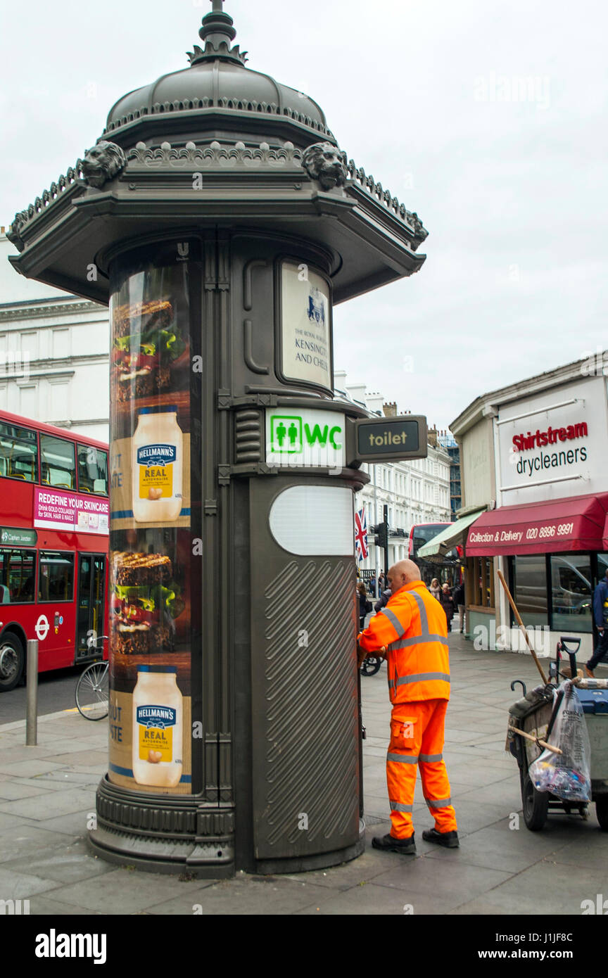 London, UK, 21/04/2017 Coin operated public toilet outside South Kensington underground station