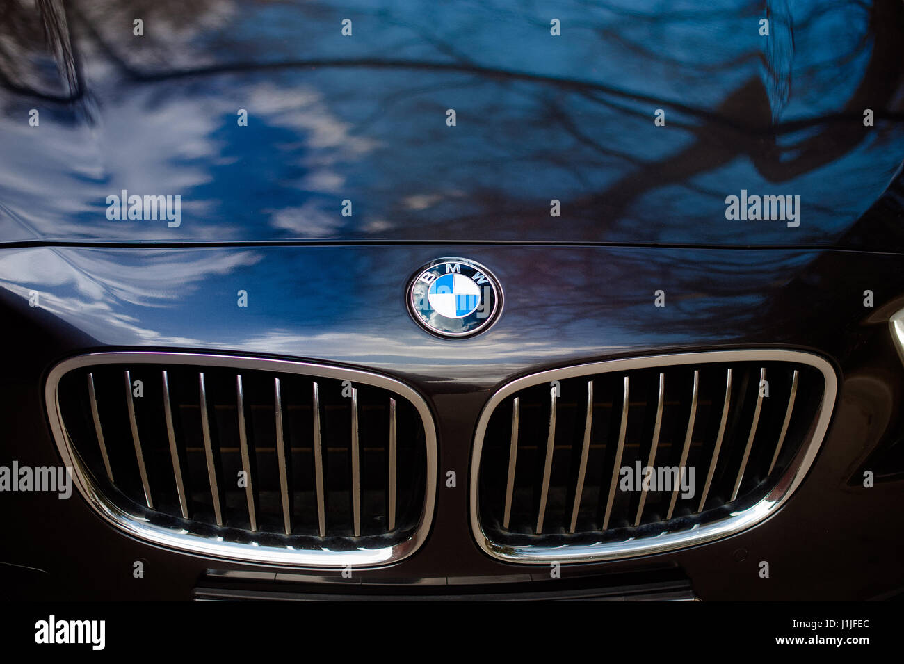 lipetsk, Russia - 25 april 2015: BMW . BMW German beast. Black BMW, car hood, car logo Stock Photo