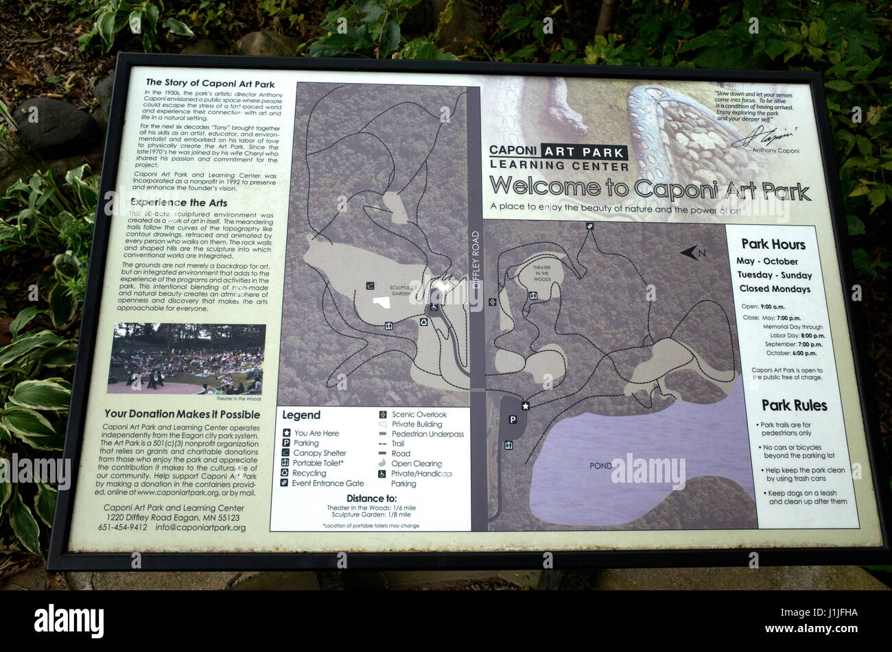 Newspaper article on a plaque describing Caponi Art Park. Eagan