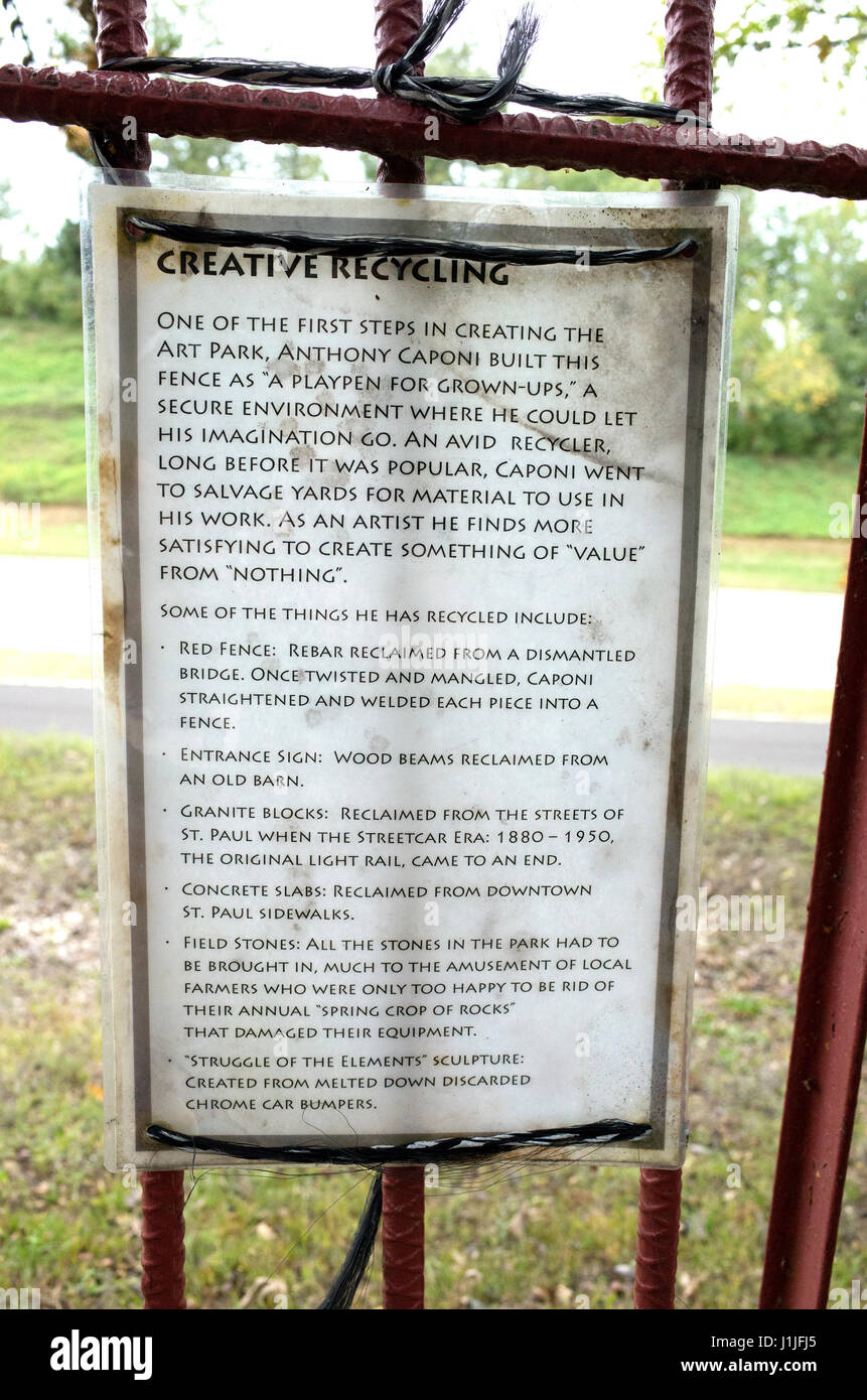 Caponi Art Park signage about creative recycling. Eagan Minnesota MN