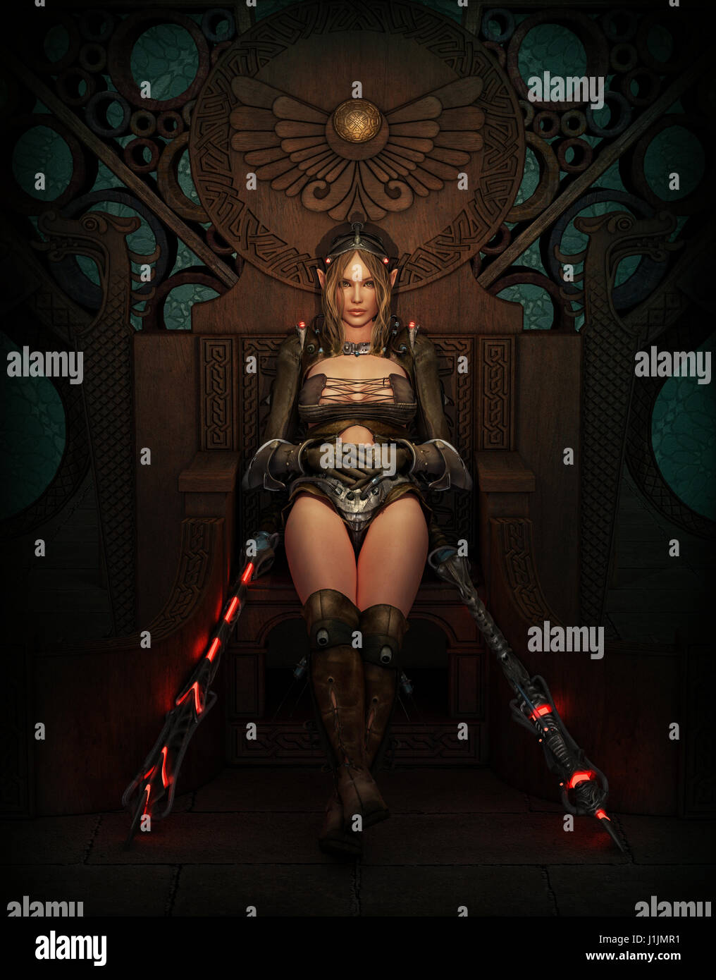 3D computer graphics of a female warrior with fantasy clothing and weapons Stock Photo
