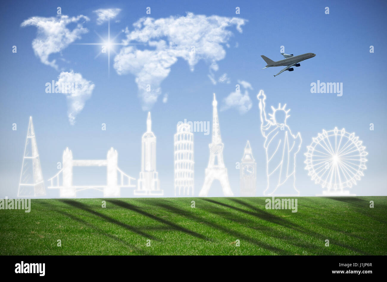 Clouds in the shape of a global tourist landmakrs with world map against blue sky Stock Photo
