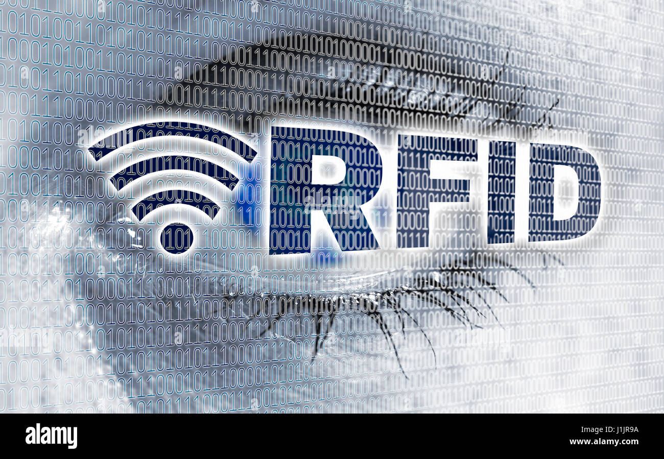 RFID eye with matrix looks at viewer concept. Stock Photo