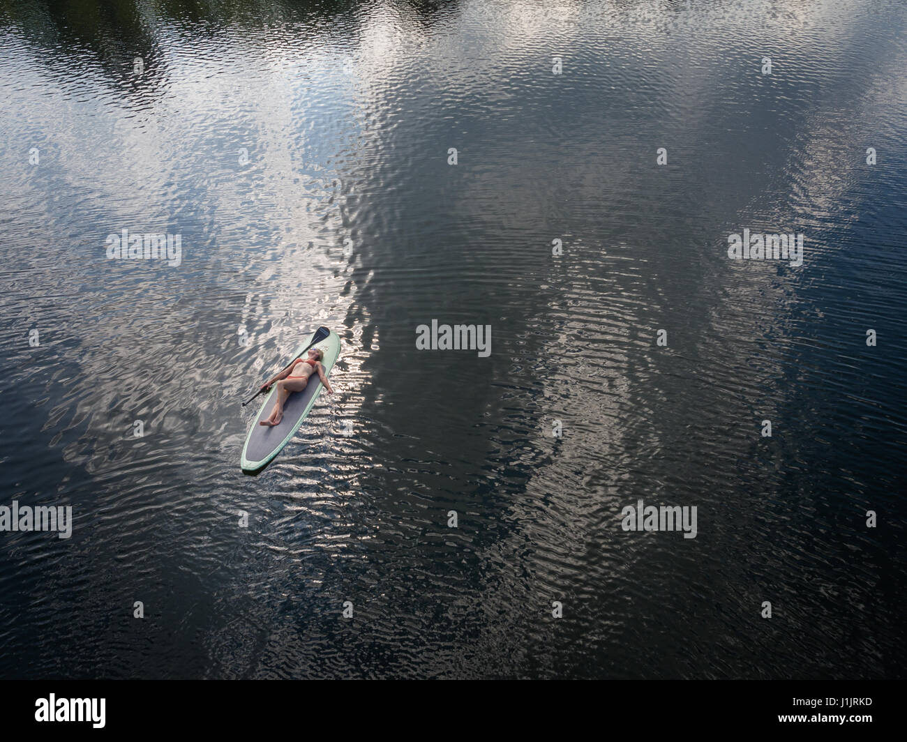 Aerial of paddle boarder, Crystal Lake, Virginia Stock Photo