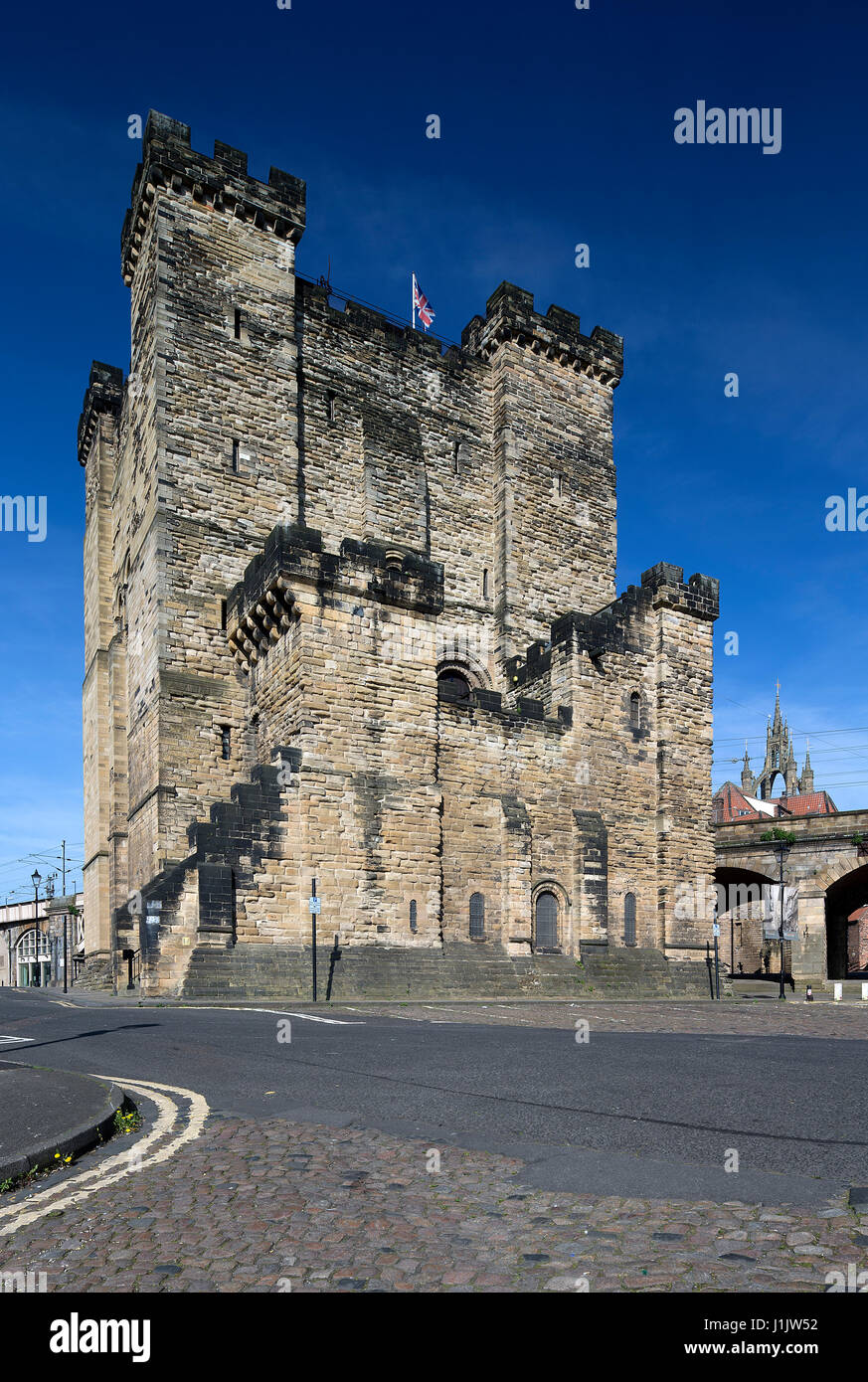 A daytime view in summer against blue skies of the Castle Keep in Newcastle upon Tyne, North